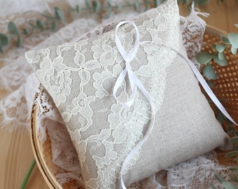 White Lace Wedding Ring Pillow, Linen Ring Pillow, Wedding Ring Holder, Ring Bearer Gift for Wedding Day, Bearer Cushion, Rustic Wedding