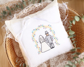 Bride and Groom Pillow, Cross Stitch Wedding Ring Bearer Pillow, Linen Cushion for Ring, Bridal Pillow, Wedding Ring Holder for Ceremony