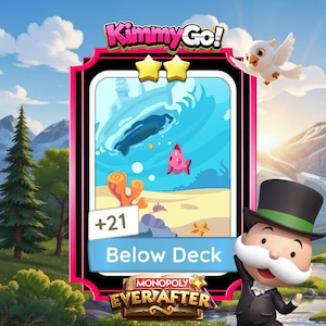 Może przedstawiać: Karta gry z Monopoly Ever After przedstawiająca podwodną scenę z wielorybem, rybami i koralowcami. Karta jest oznaczona jako "Below Deck" i ma różową i czarną obwódkę. Postać z kreskówki w cylindrze znajduje się na zdjęciu.
