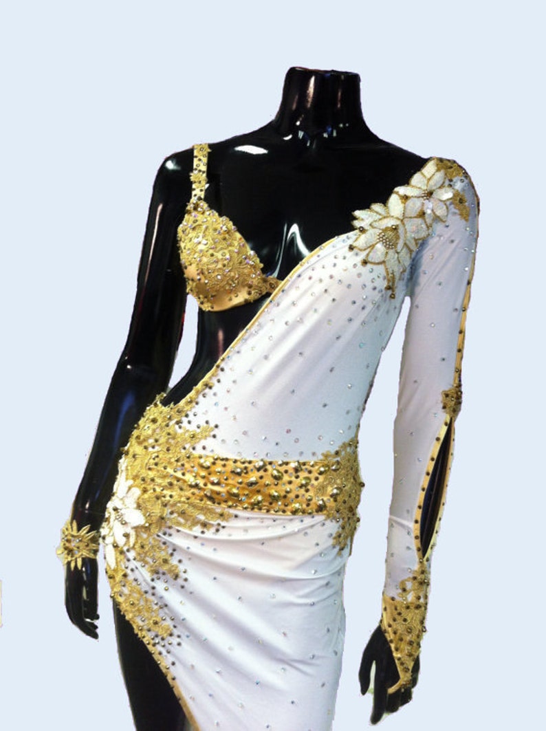 White and Gold Latin Dance Dress Dance Dress Latin Etsy