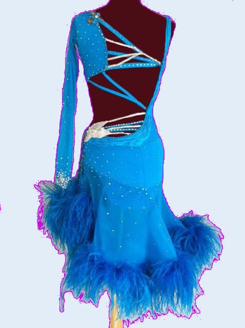 Blue Dance Dress With Feathers Latin Dance Dresses Feathers Etsy