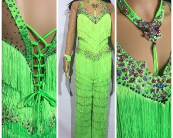 Fringe Body Suite for Latin dance! Bright green color ! Free Shipping ! Free Accessories !