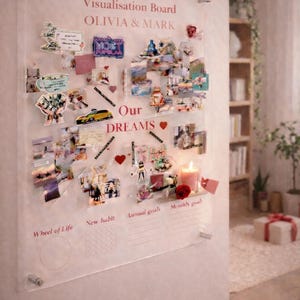 Könnte beinhalten: Eine transparente Acryl-Vision-Tafel mit dem Text "Visualisation Board OLIVIA & MARK" und "Our DREAMS". Die Tafel ist mit Fotos, Aufklebern und Notizen gefüllt. Eine brennende Kerze und eine Rose befinden sich unten rechts. Die Tafel ist an einer Wand befestigt.