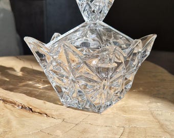 Vintage Cut Crystal Trinket Box, Starburst Candy Dish, 1980s Decor
