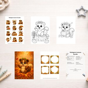 May include: A collection of autumn-themed digital art prints and stickers. The images feature a cute cartoon squirrel with fall foliage and pumpkins. The bundle includes coloring pages, frames, and a guide, all with a warm, autumnal color palette.