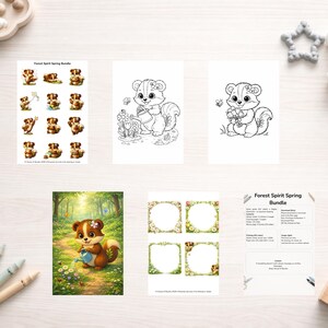 May include: A collection of printable art and stickers featuring a cute squirrel. The art includes a color illustration of a squirrel watering flowers, a black and white coloring page, and a sheet of stickers. The text "Forest Spirit Spring Bundle" is visible.