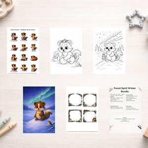 May include: A collection of winter-themed digital art prints and stickers featuring a cute squirrel character. The images include coloring pages, illustrations with snowy landscapes, and sticker sheets with various poses of the squirrel.