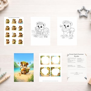 May include: A collection of printable art featuring a cute squirrel with a floral crown. The bundle includes stickers, coloring pages, and framed art. The squirrel is depicted on a beach, holding a watermelon, and building a sandcastle. Text: Forest Spirit Summer Bundle.