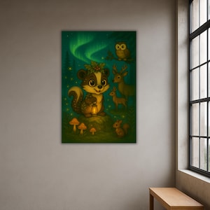 May include: A whimsical illustration of a badger holding a lantern, surrounded by forest animals. The artwork features an owl, deer, and squirrel against a backdrop of a green night sky with the aurora borealis. The style is reminiscent of a children's book illustration.