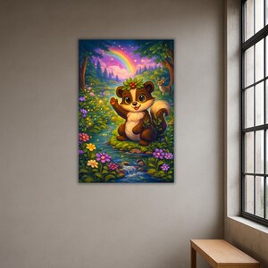May include: A vibrant, framed art print featuring a cartoon skunk waving in a colorful forest scene. A rainbow arches across the night sky, with a stream, flowers, and a deer in the background. The skunk wears a leafy crown.
