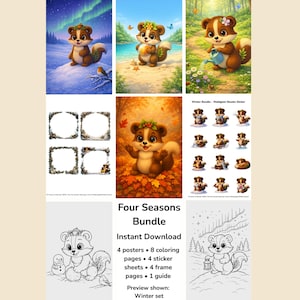 May include: A digital art bundle featuring a cartoon squirrel in various seasonal settings. The bundle includes posters, coloring pages, sticker sheets, frame pages, and a guide. The preview shows a winter set.
