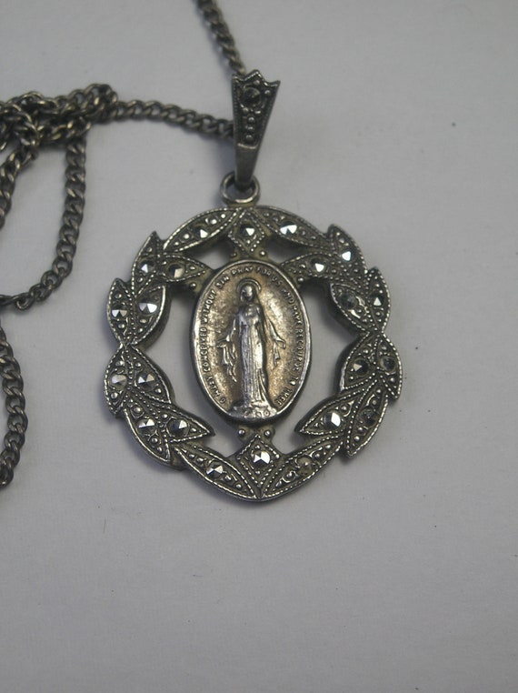 A Silver  Marcasite Religious Medallion on Chain J