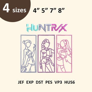 Op de afbeelding: Een afbeelding met het woord "HUNTRX" in teal en roze, en drie ingelijste lijntekeningen van gestileerde figuren. De afbeelding bevat ook de tekst "4 maten 4" 5" 7" 8"" en "JEF EXP DST PES VP3 HUS6".