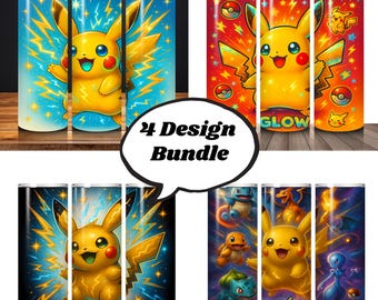 May include: A bundle of four colorful, cylindrical tumblers featuring Pikachu and other Pokémon characters. Designs include Pikachu with lightning effects, and other Pokémon characters. The text "4 Design Bundle" is also present.