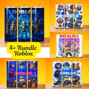Puede incluir: Un conjunto de vasos temáticos de Roblox con varios diseños de personajes y el logotipo de Roblox. Los vasos presentan colores vibrantes e ilustraciones de personajes del juego. El texto "4+ Bundle Roblox" se muestra sobre un fondo amarillo.