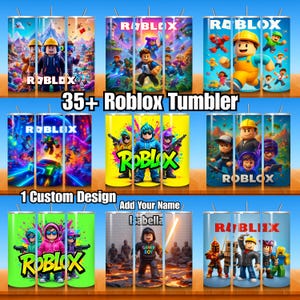Puede incluir: Una colección de vasos cilíndricos con varios diseños gráficos coloridos de temática Roblox, que incluyen personajes de dibujos animados, paisajes vibrantes y el logotipo de Roblox, con espacio para nombres personalizados.