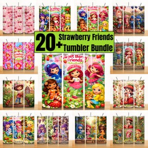 May include: A collection of 20+ tumbler designs featuring colorful illustrations of cartoon characters, strawberries, and the text "Strawberry Friends." The tumblers showcase various themes, including characters, desserts, and fruit. The bundle includes a variety of designs.