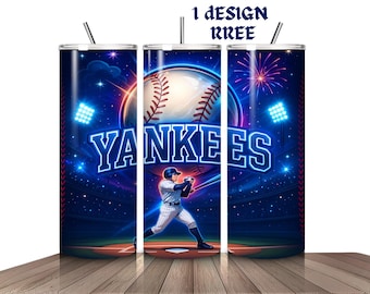 May include: A stainless steel tumbler featuring a baseball design with the text "Yankees". The design includes a baseball, a baseball player, stadium lights, and fireworks against a dark blue background. The tumbler has a straw and a lid.