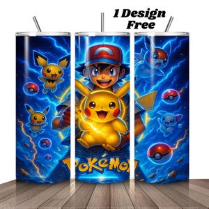 May include: A set of three stainless steel tumblers featuring a vibrant design with the text "Pokemon". The design includes Pikachu, Ash, and other characters against a blue lightning background. Each tumbler has a straw.