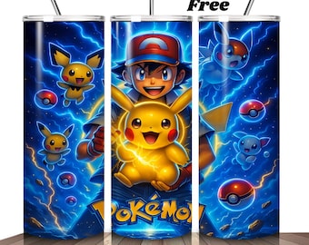 May include: A set of three stainless steel tumblers featuring a vibrant design with the text "Pokemon". The design includes Pikachu, Ash, and other characters against a blue lightning background. Each tumbler has a straw.
