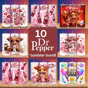 May include: A collection of ten stainless steel tumblers with various designs. Some feature Diet Coke and Dr. Pepper themes with bows and hearts. Others showcase a cow with sunglasses and a Coca-Cola theme. One design has pickleball paddles and the text "Pickleball Queen".