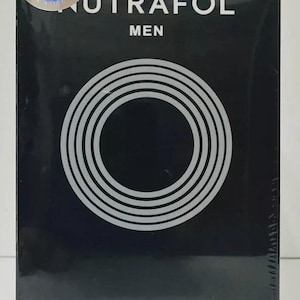 May include: Black box of NUTRRAFOL MEN hair growth nutraceutical dietary supplement with 120 capsules. The box features a silver concentric circle design and the brand name in white.