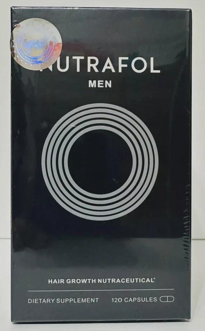 May include: Black box of NUTRRAFOL MEN hair growth nutraceutical dietary supplement with 120 capsules. The box features a silver concentric circle design and the brand name in white.