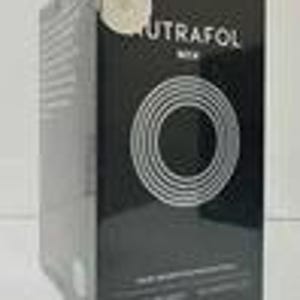 May include: A black box with the word "NUTRAFOL" in white text and a circular design. The box also includes the text "HAIR WELLNESS SUPPLEMENT" and other text. The box is sealed in clear plastic.
