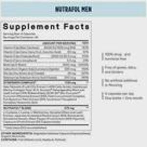May include: A supplement facts label for Nutrafol Men, with a light blue header. The label details the amount per serving of various vitamins, minerals, and proprietary blends. The label also lists the ingredients and other ingredients.