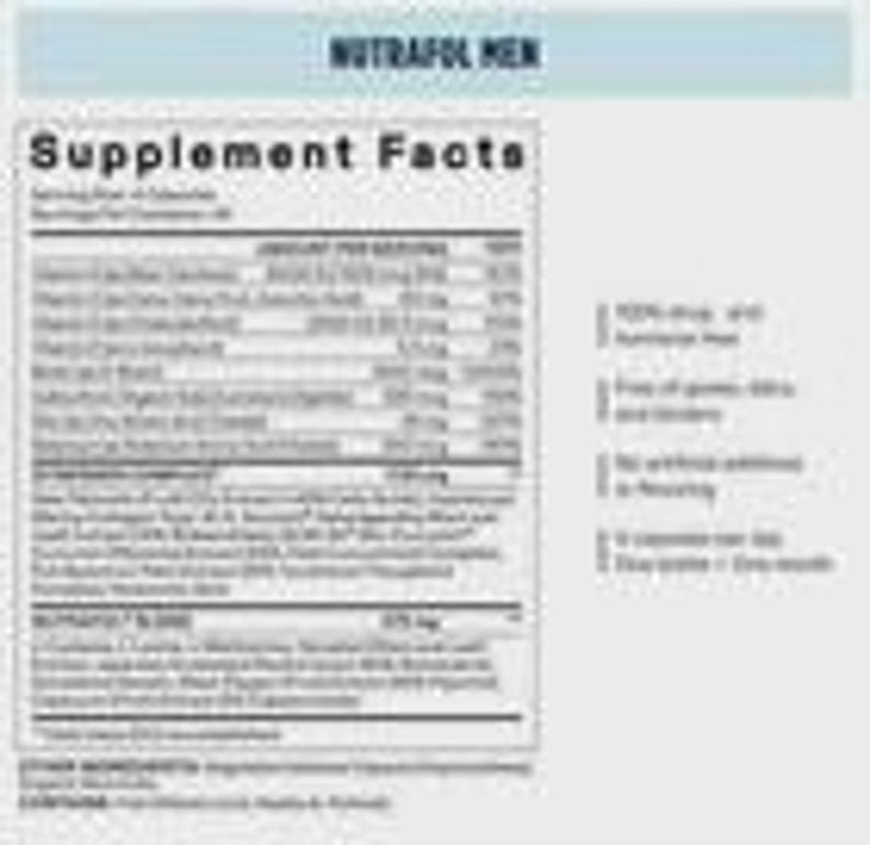 May include: A supplement facts label for Nutrafol Men, with a light blue header. The label details the amount per serving of various vitamins, minerals, and proprietary blends. The label also lists the ingredients and other ingredients.