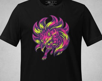 Kitsune Cyber Neon Gods T-Shirt Mythic Fox Spirit Graphic Tee Futuristic Neon Creature Power Art Statement Shirt