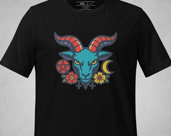 Goat Head Folk Flash T-Shirt, Occult Animal Art Tee, Dark Symbolic Illustration Shirt, Alternative Gothic Graphic Top