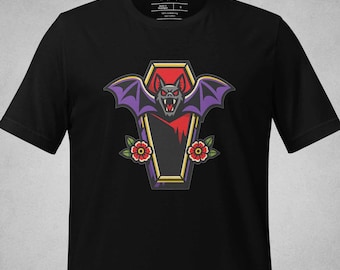 Bat & Coffin Folk Flash T-Shirt Shirt Tee Top – Gothic Creature Illustration with Floral Accents, Bold Line Art and Classic Tattoo Aesthetic