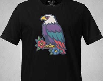 Eagle Folk Flash T-Shirt, Bold Bird Illustration Tee, Traditional Inspired Animal Shirt, Colourful Graphic Top for Alternative Style