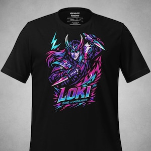 Loki Cyber Neon Gods T-Shirt Norse Mythology Trickster God Graphic Tee Futuristic Deity Art Shirt