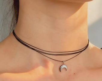 Gothic Mother of Pearl Crescent Moon Choker, Black Leather Layer Cord, Custom Size Cord