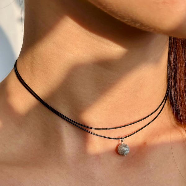 Gray Moonstone Bead Choker, Recycled Leather Cord, Gothic Necklace