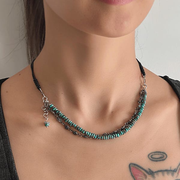 Turquoise Bead Necklace, Leather Cord Choker, Sterling Silver Charm, Boho Jewelry