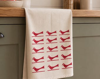 Red Bird Hand Block Printed Linen Tea Towel, Cottagecore Kitchen Decor