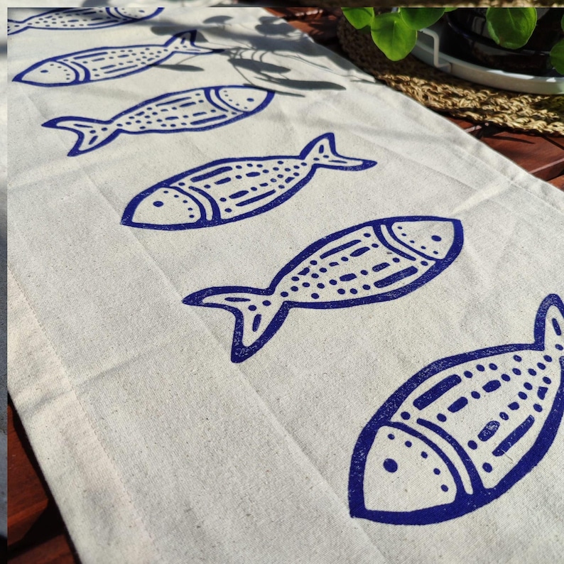Hand Block Printed Linen Fishes Table Runner ( Tax&duty Paid/ddp USA ...