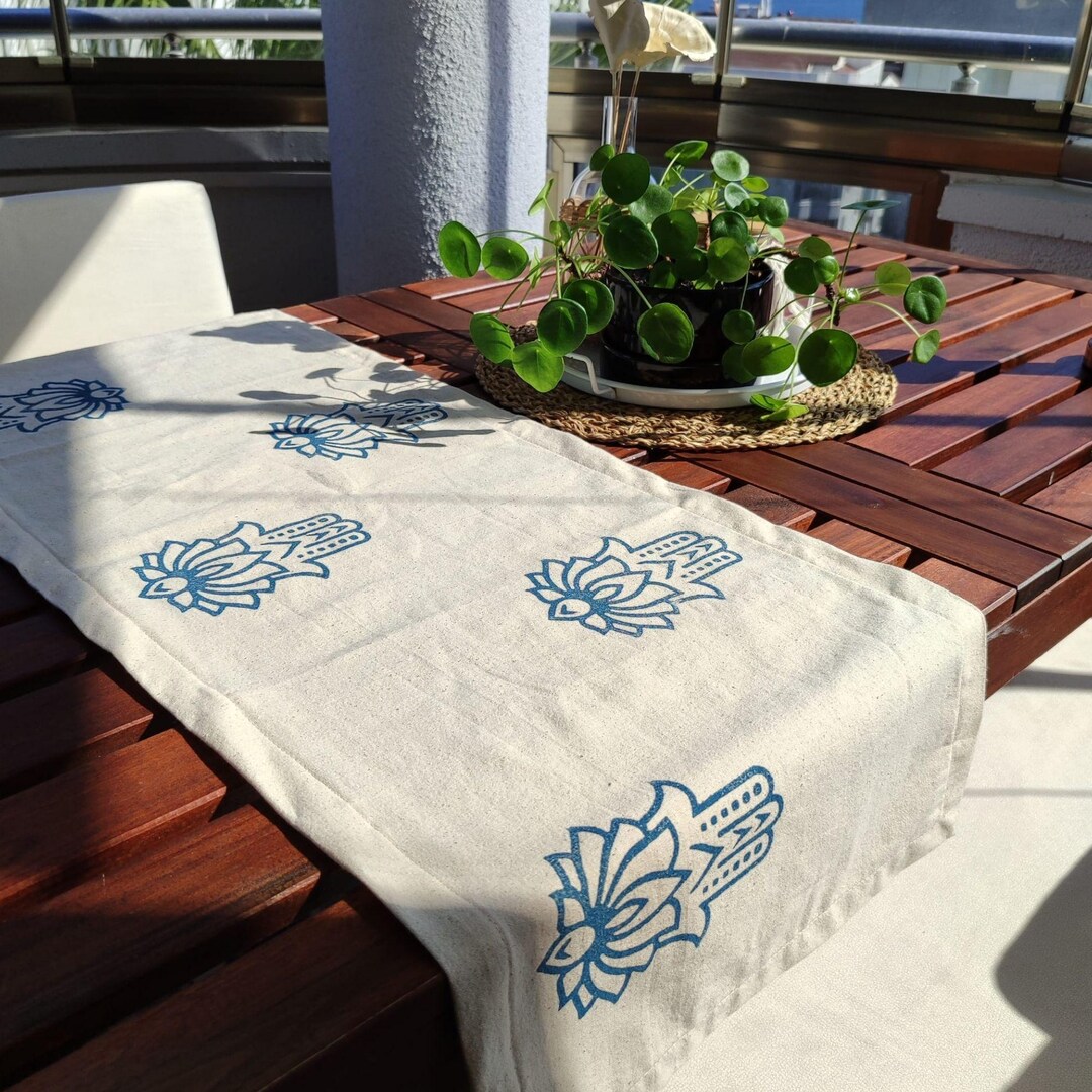 Hand Rummer Hand Block Printed Linen Hamsa Hand Table Runner ( Tax&duty Paid/ddp ...