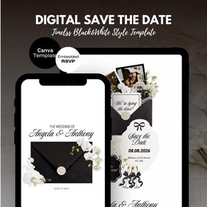 May include: Digital save the date template in a timeless black and white style. The design features a smartphone and tablet displaying wedding invitation mockups. The invitation includes the text "Angela & Anthony" and "Save the Date 08.08.2026".
