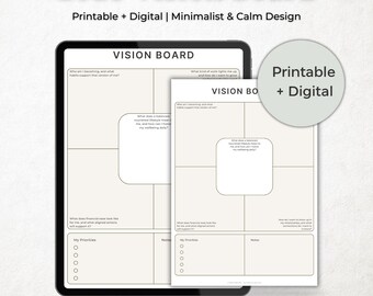 Peut inclure: Tableau de vision numérique et imprimable pour 2026, au design minimaliste et apaisant. L'image présente une tablette et une version imprimée du tableau. Le texte comprend "Printable + Digital" et des invites à la réflexion.
