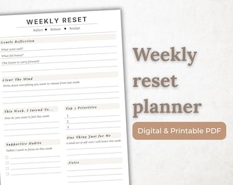 Weekly Reset Planner | Mindful Weekly Reflection PDF | Digital & Printable Planner | Self Care Reset | Minimalist Productivity Tool
