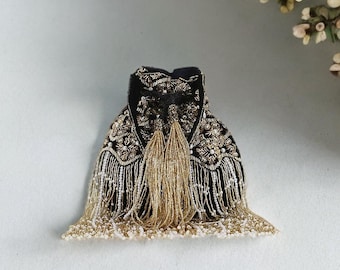 Velvet Potli Clutch: Black & Gold Embellished Tassel Bag
