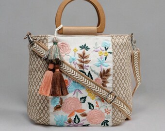 Borsa a mano in cotone jacquard con ricami floreali: borsa da sposa boho
