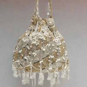 Gold White Embellished Tassel Potli Clutch Drawstring Wrist Loop Bag