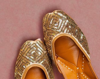 Gold Embroidered Juttis | Leather Wedding Flats | Ethnic Mojari Shoes