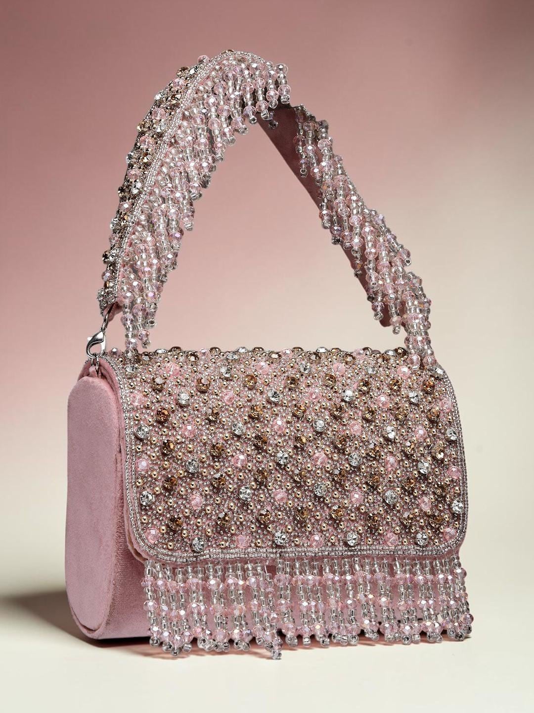 Mauve Gold Stone Embellished Suede Foldover Clutch Detachable Wrist