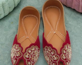 Handmade Maroon Velvet Embroidered Mojari Flats | Leather Sole